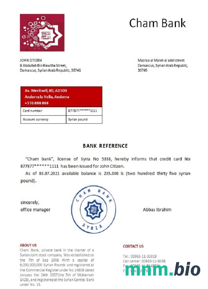 Syria Cham bank przykład odniesienia w formatach Word i PDF